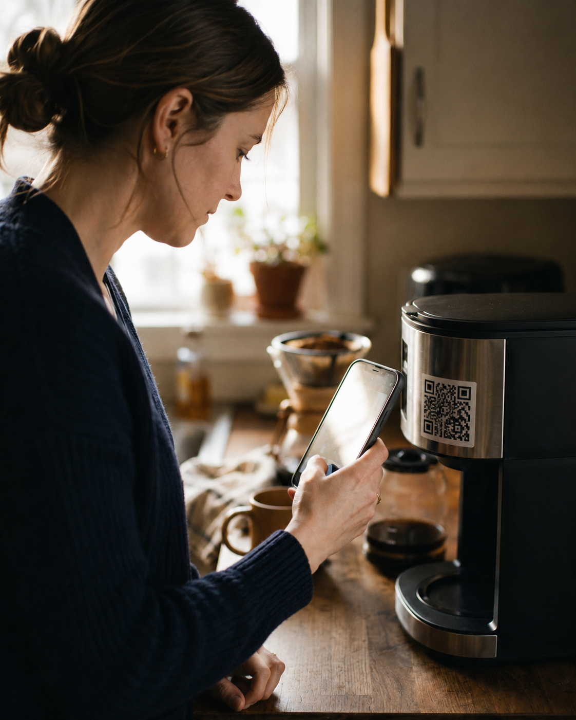 A person holds a phone up to scan a QR code sticker stuck on the side of a coffee maker