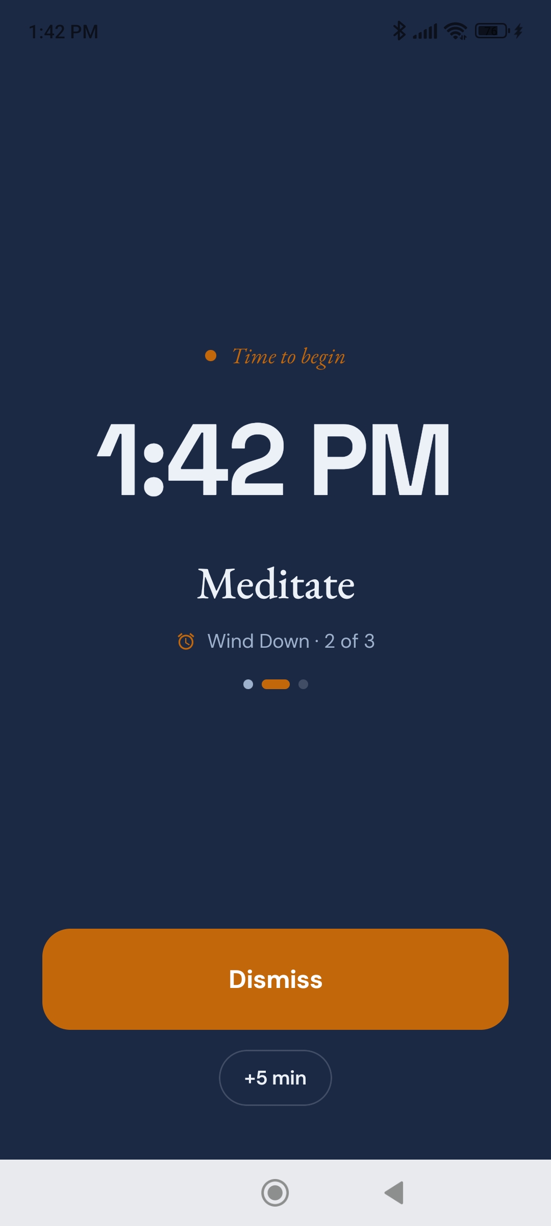 Full-screen Horarium alarm reading 1:42 PM, Meditate, with a Dismiss button