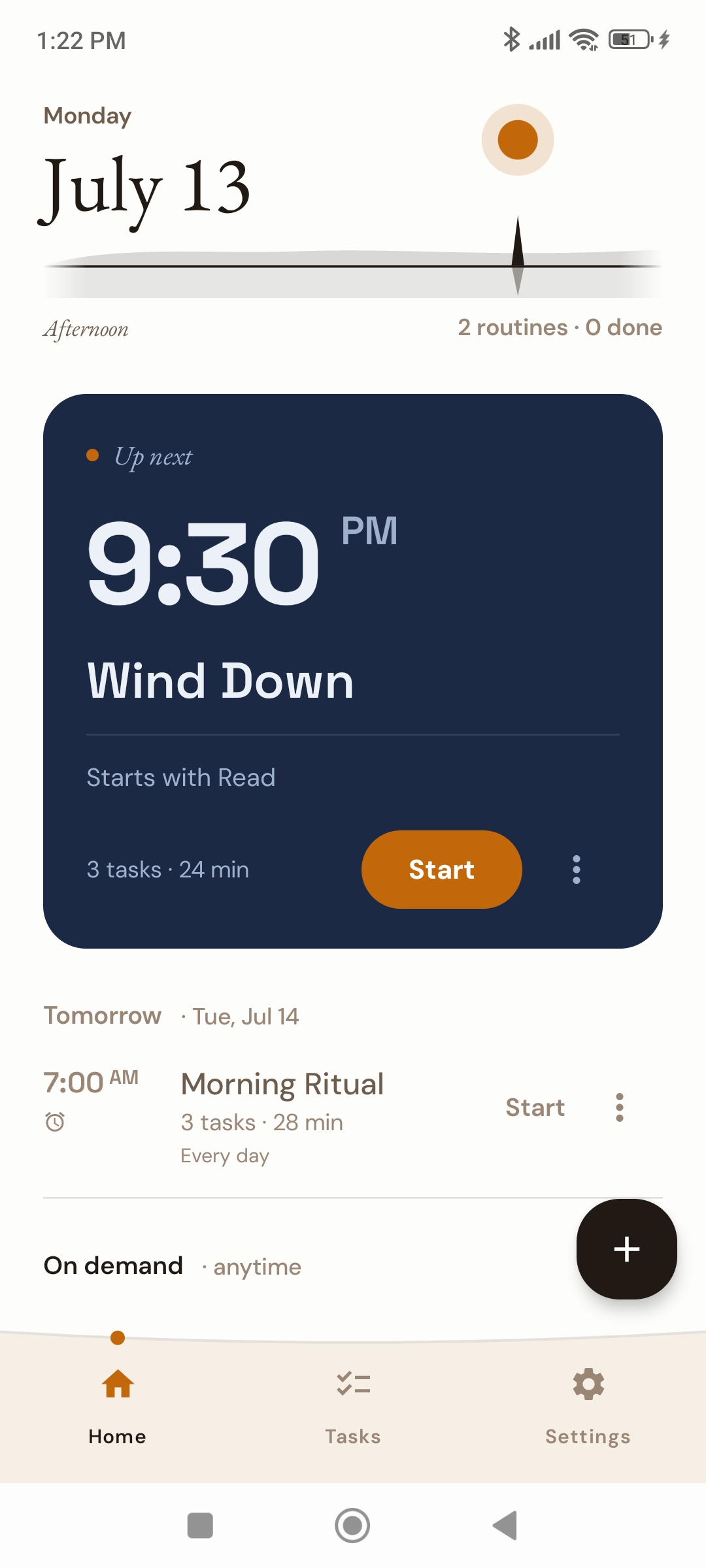 Horarium home screen showing today's date and the next routine, Wind Down at 9:30 PM