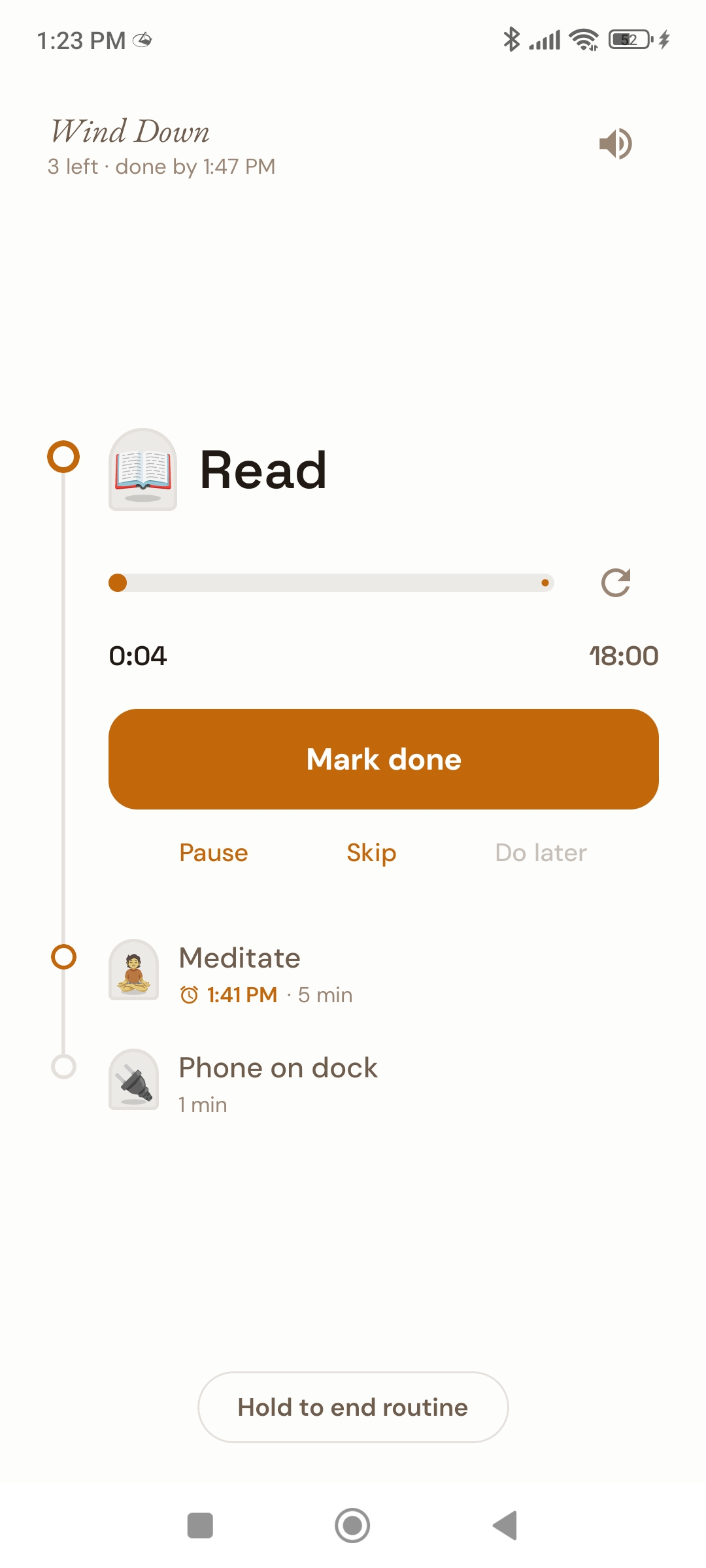 Horarium running a routine: a Read timer with Mark done, and the next tasks lined up below