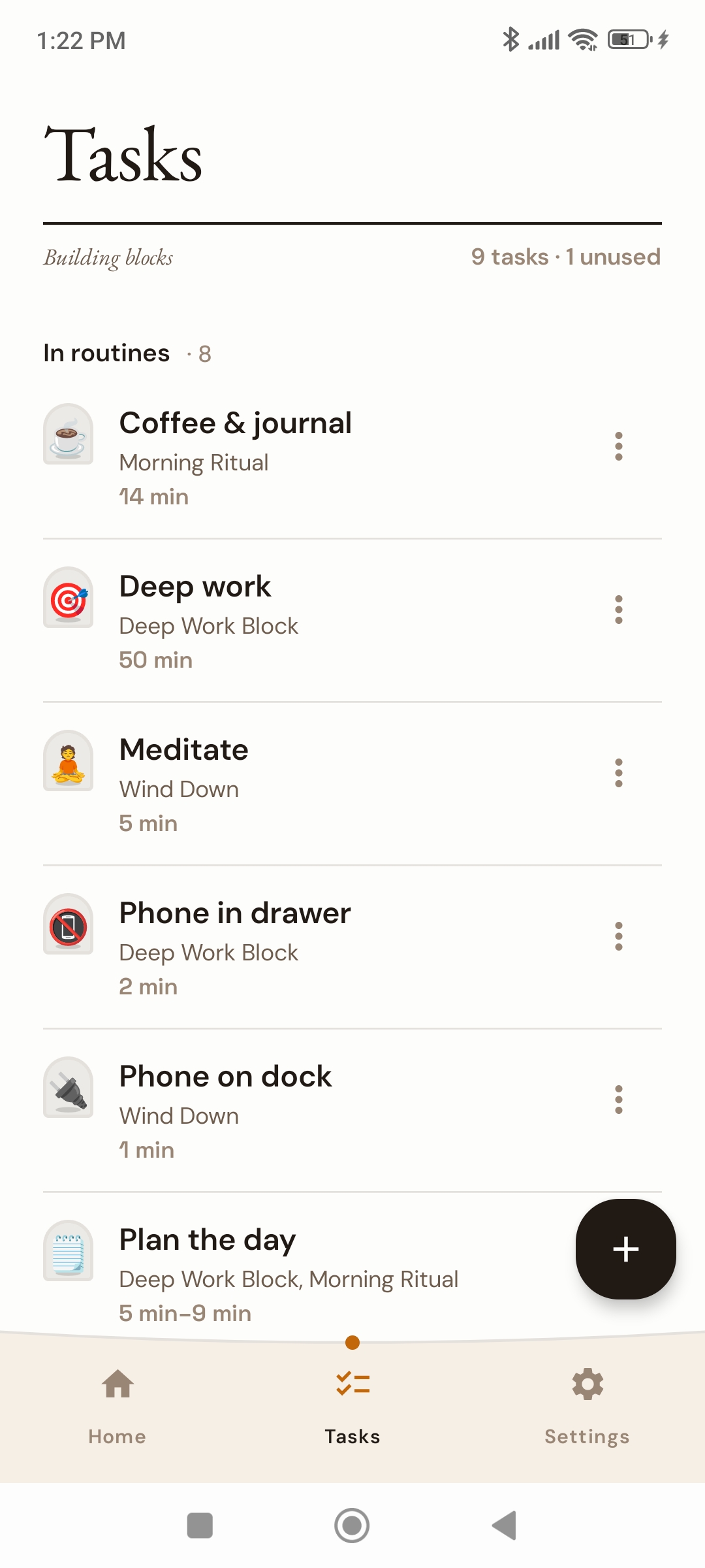 Horarium tasks screen listing reusable building blocks like Coffee and journal, Deep work, and Meditate